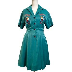 SIBYL OF NO.17 Embroidered Tiger Fit and Flare Dress Teal Size M